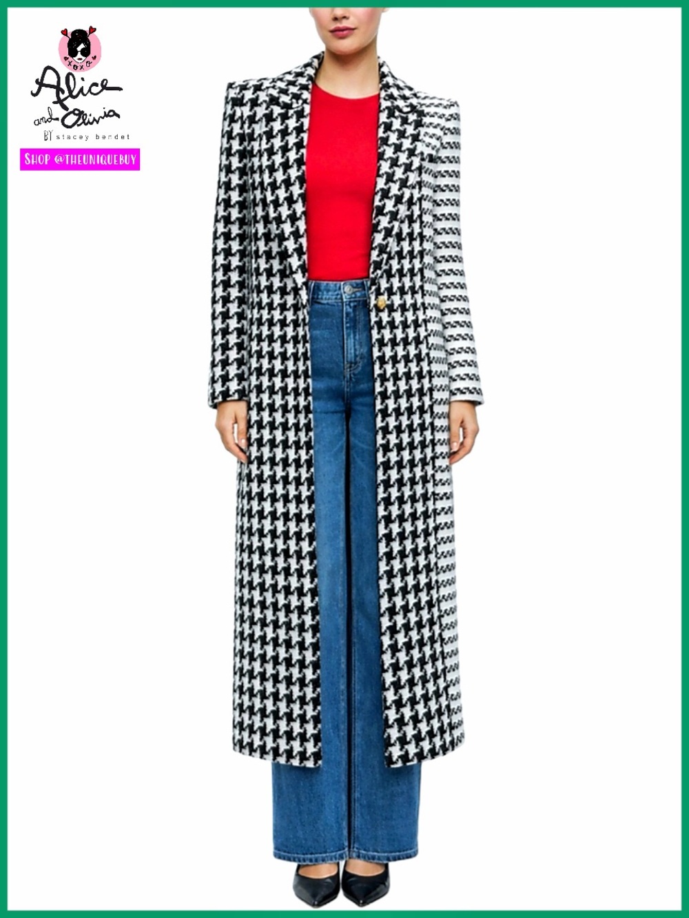 Alice + Olivia Colley Black White Houndstooth Long Tweed Coat